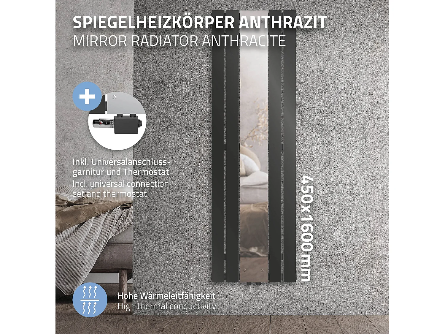 Radiateur avec miroir 450x1600 mm anthracite moderne raccord central universel