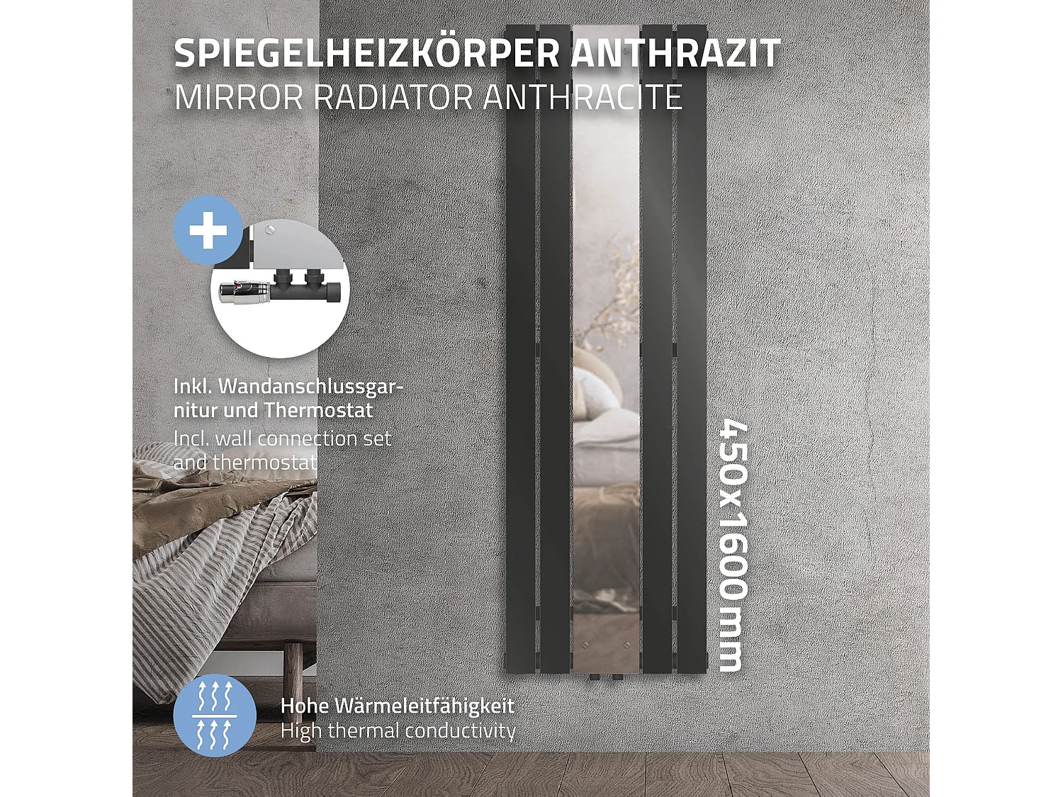 Radiatore a specchio termoarredo 450x1600 mm con connessione a parete antracite
