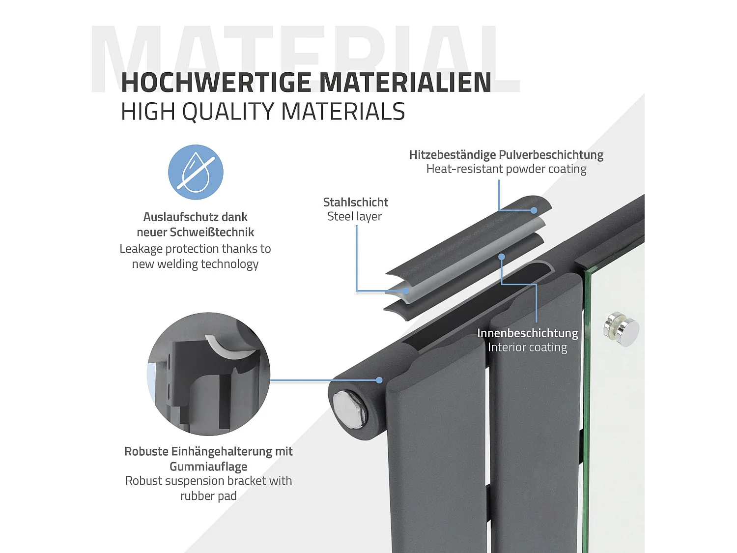 Radiatore a specchio termoarredo 450x1600 mm con connessione a parete antracite