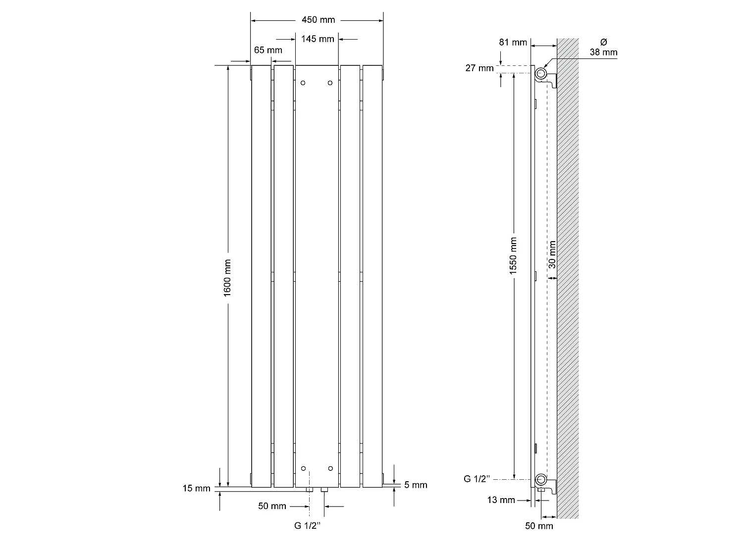 Radiatore a specchio termoarredo 450x1600 mm con connessione a parete antracite