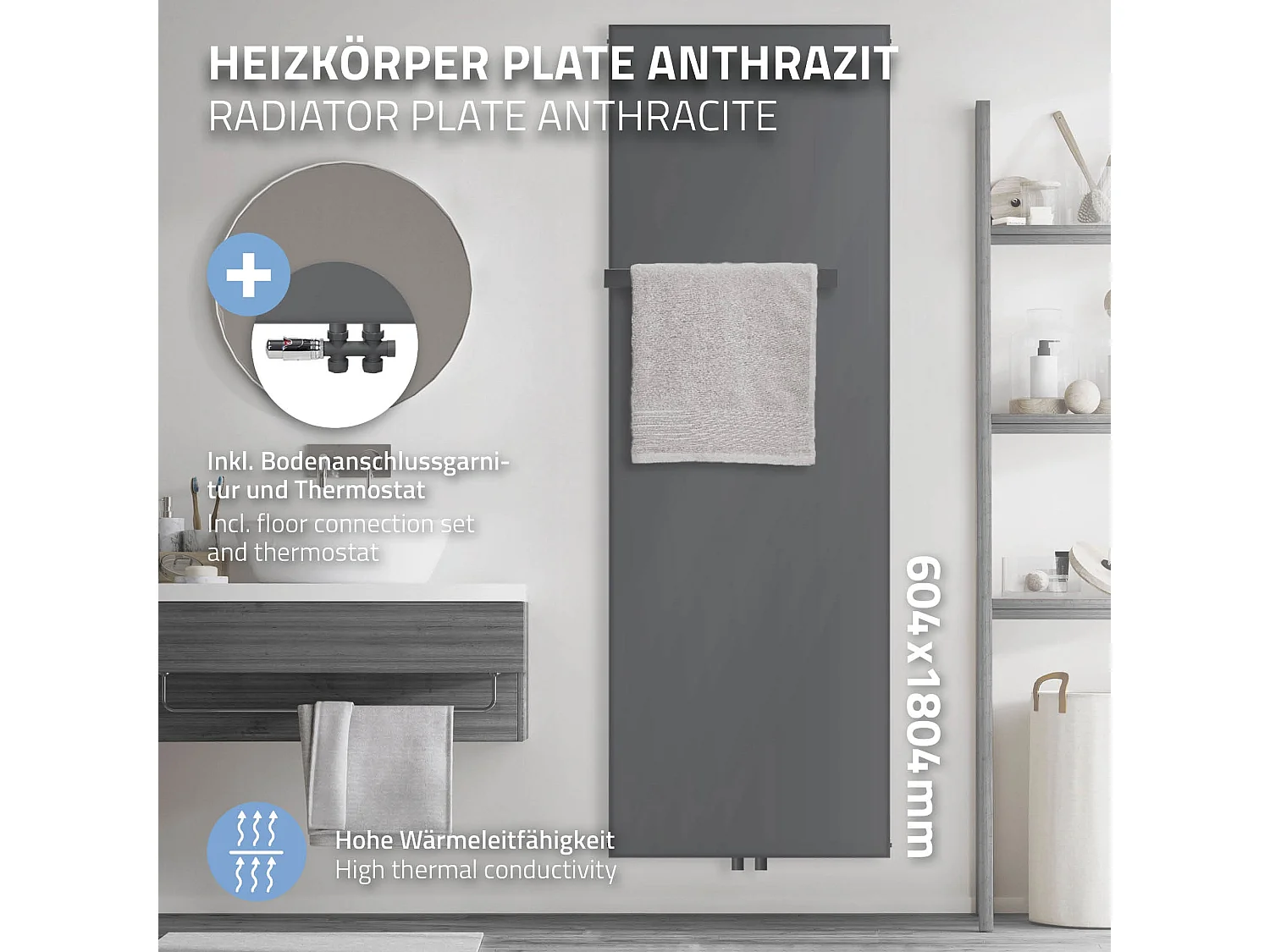 Radiador de baño diseño plano antracita estufa panel conexión suelo 604x1800mm