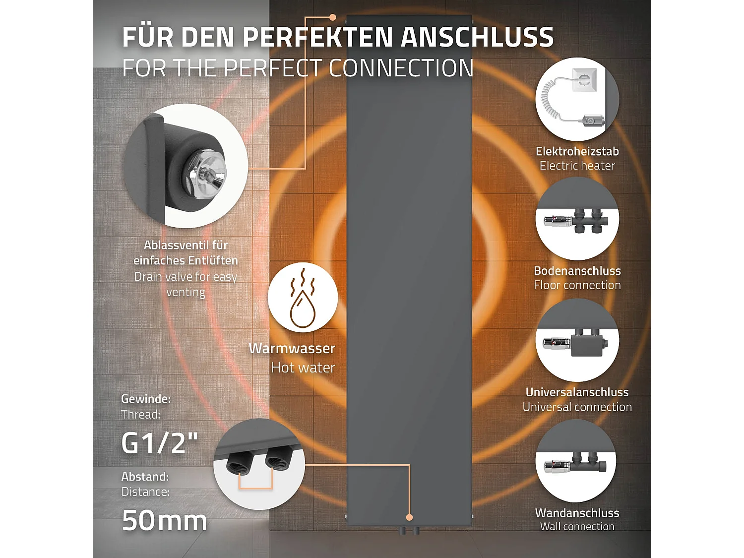 Radiatore verticale antracite riscaldamento calorifero termosifone 45 x 180 cm