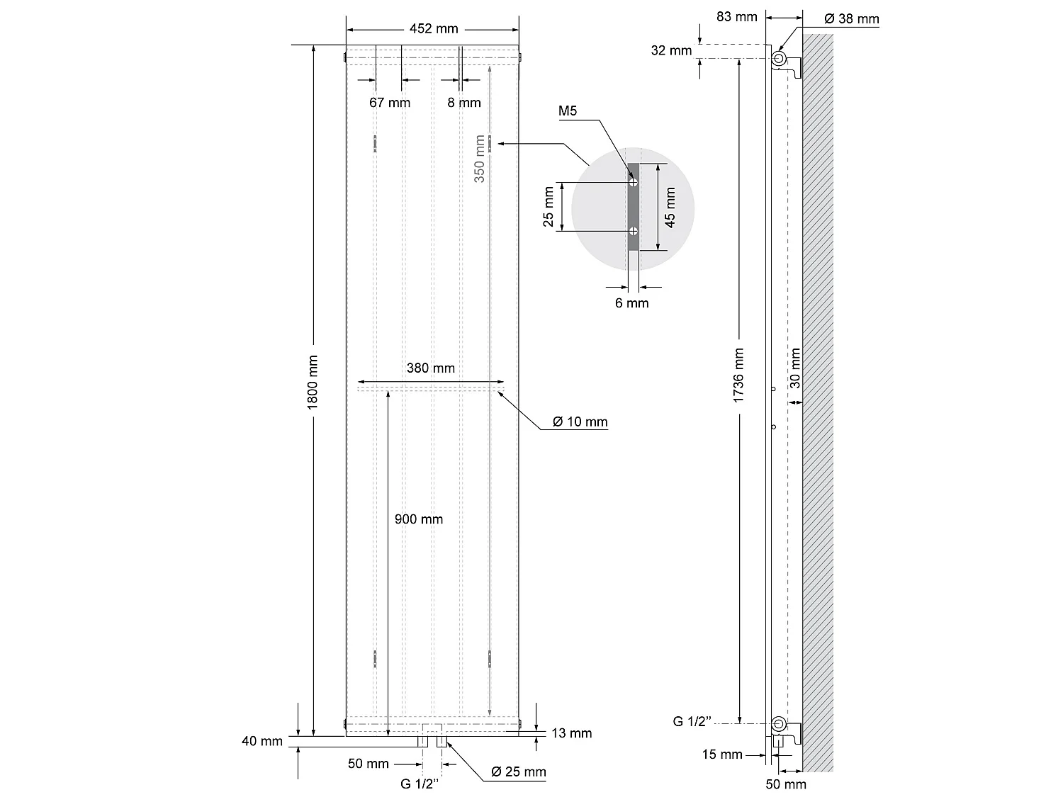 Radiatore verticale antracite riscaldamento calorifero termosifone 45 x 180 cm