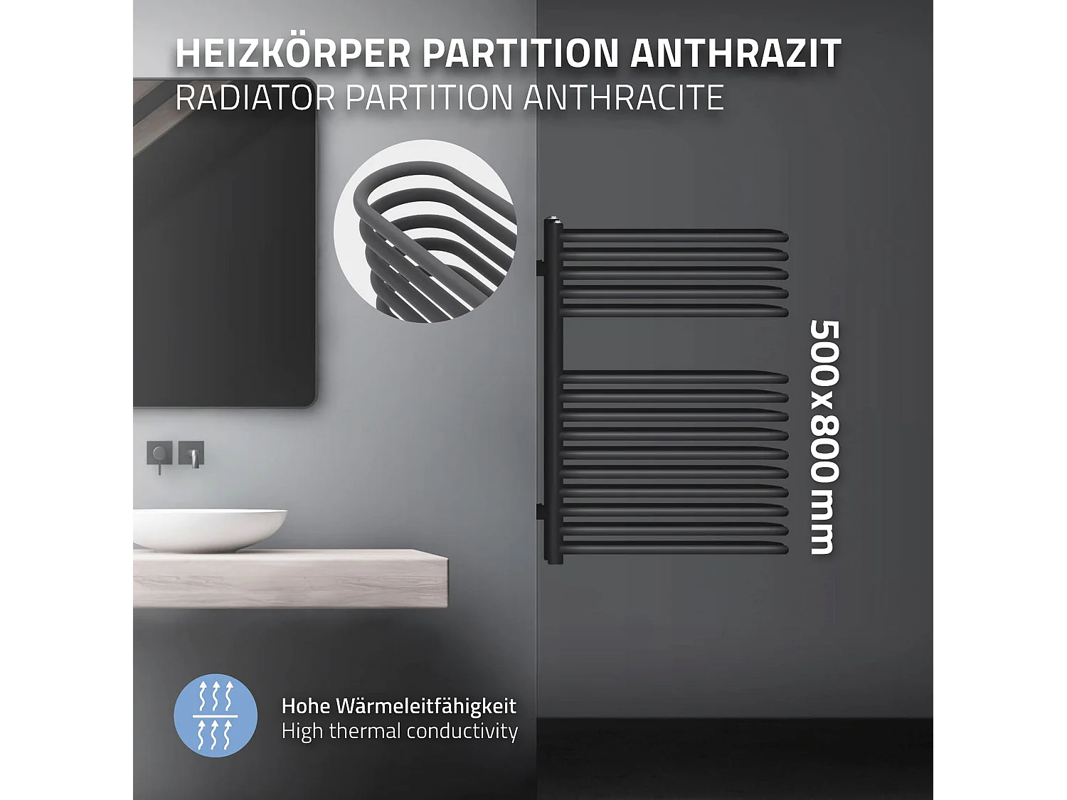 Radiateur Partition anthracite 500x800 mm sèche-serviettes moderne salle de bain