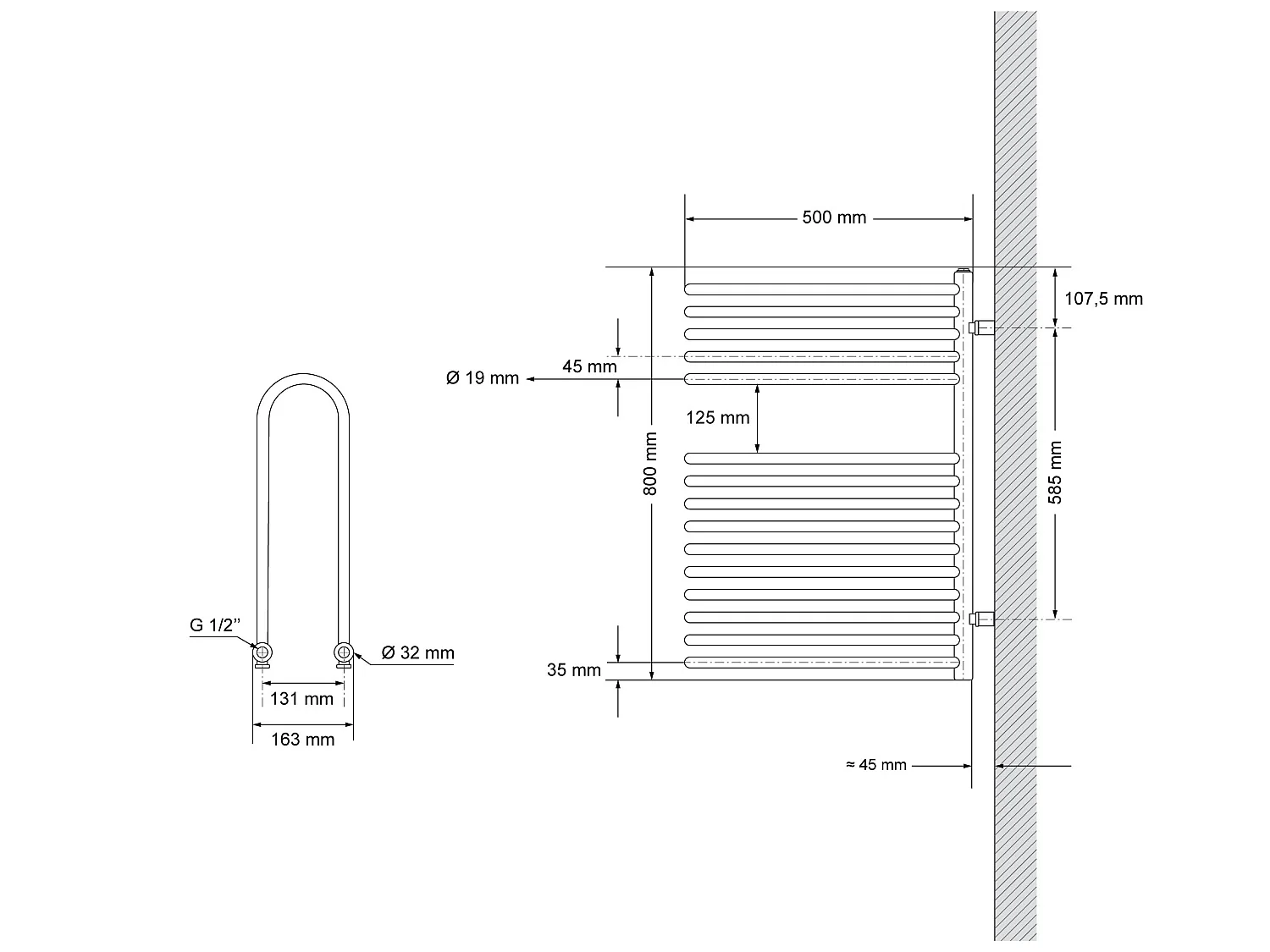 Radiateur Partition anthracite 500x800 mm sèche-serviettes moderne salle de bain
