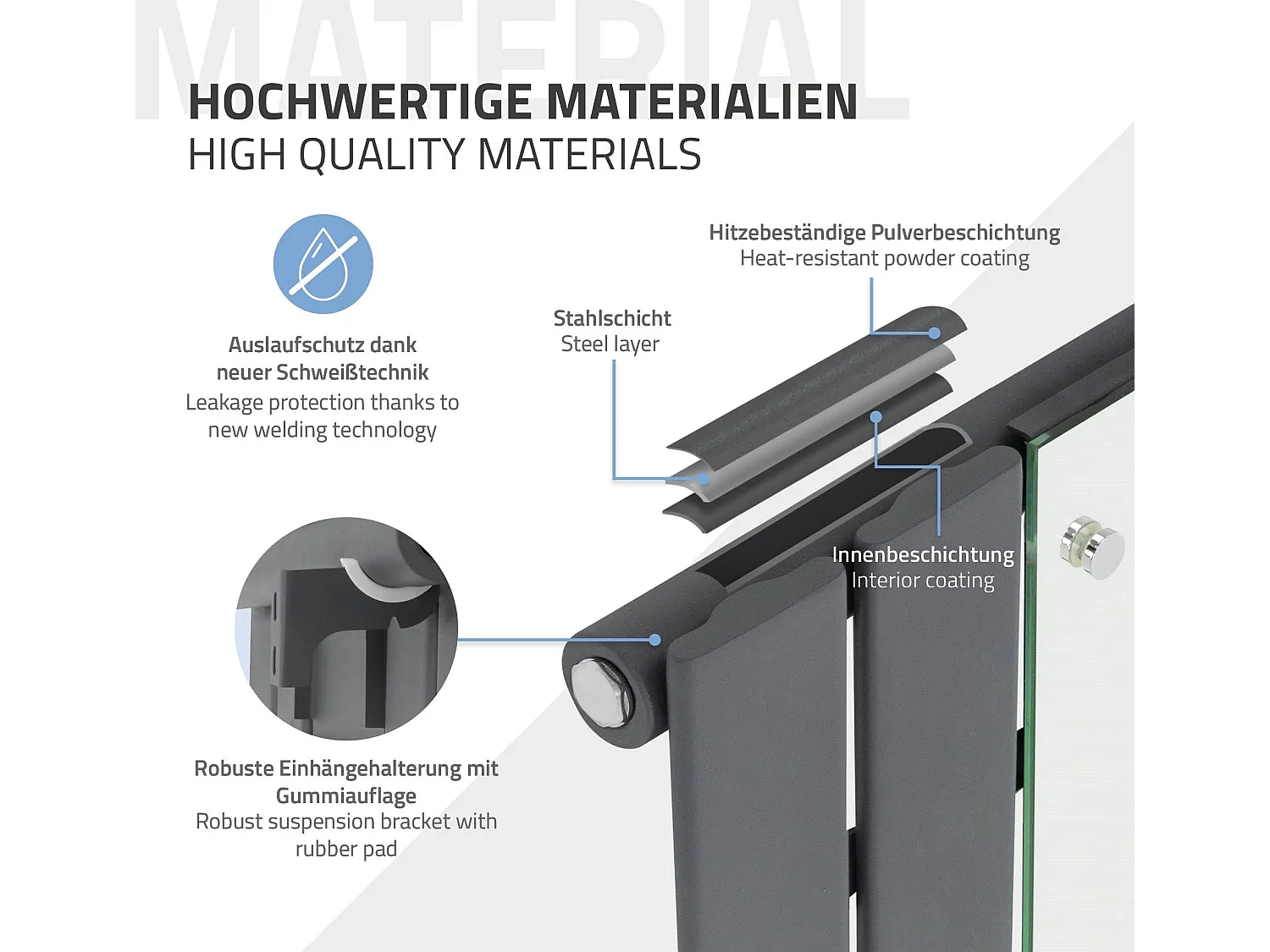 Radiateur anthracite salle de bain 450x1200 mm miroir raccord central au sol