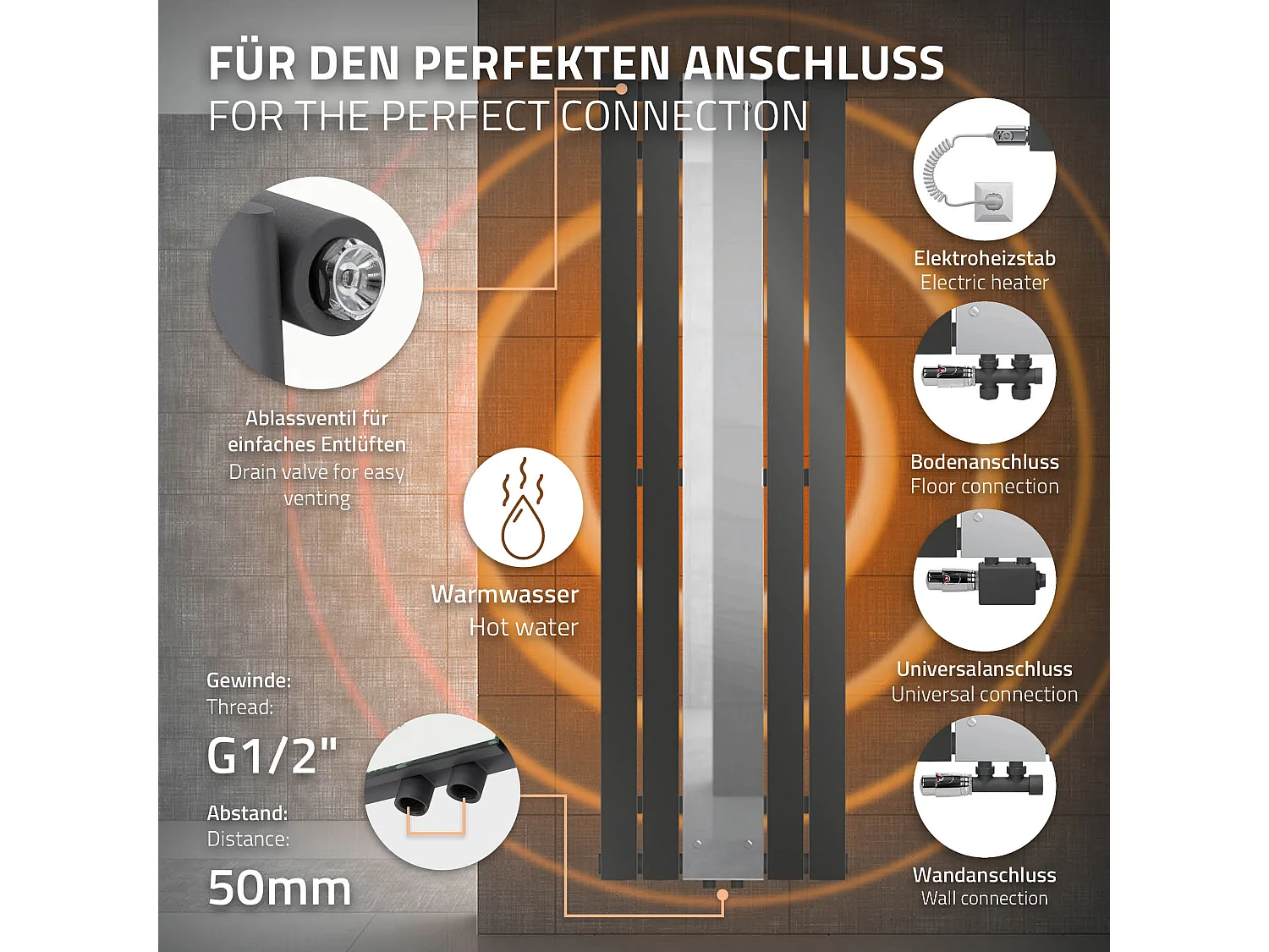 Radiateur anthracite salle de bain 450x1200 mm miroir raccord central au sol