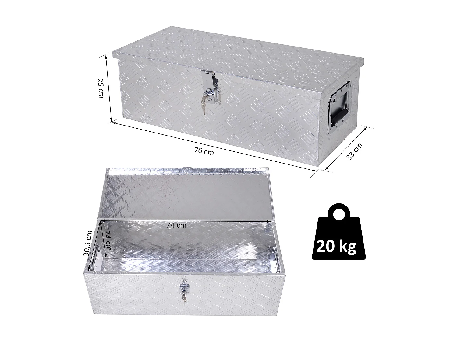 HOMCOM Boite de rangement - boîte à outils en aluminium - caisse à outil alu. poignées rétractables verrouillage clé dim. 76L x 33l x 25H cm
