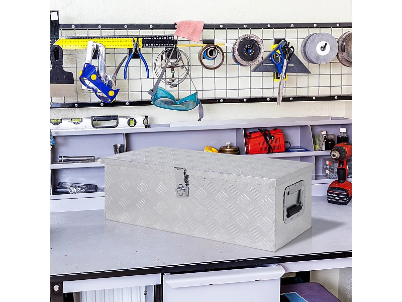 HOMCOM Boite de rangement - boîte à outils en aluminium - caisse à outil alu. poignées rétractables verrouillage clé dim. 76L x 33l x 25H cm