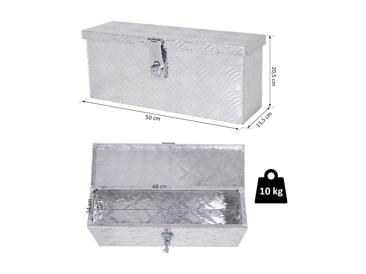 HOMCOM Boite de rangement - boîte à outils en aluminium - caisse à outil alu. verrouillage clé dim. 50L x 15,5l x 20,5H cm