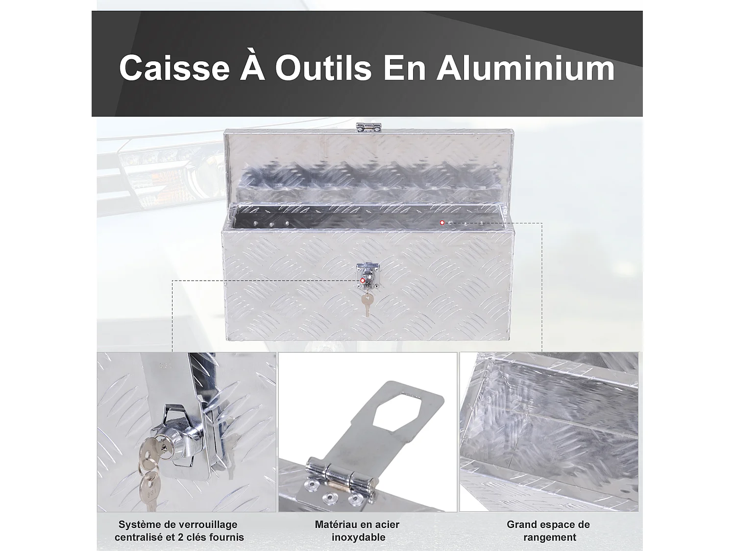 HOMCOM Boite de rangement - boîte à outils en aluminium - caisse à outil alu. verrouillage clé dim. 50L x 15,5l x 20,5H cm
