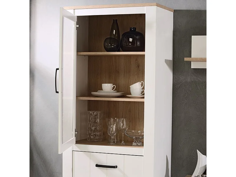 Vitrine 2 portes blanc mat et décor bois clair poignées noires - LEANE