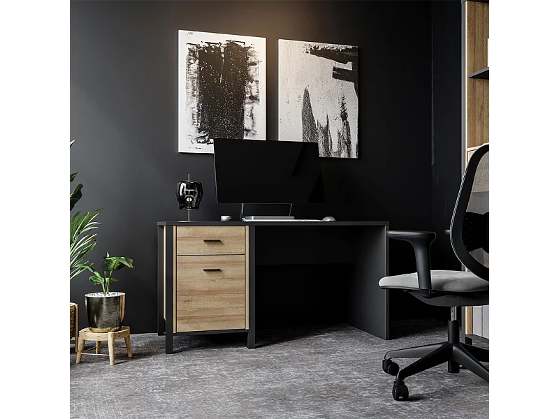 Bureau 120 cm 1 porte 1 tiroir décor bois chêne et noir - MODE