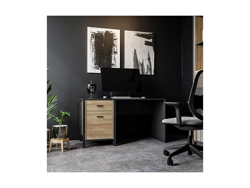 Bureau 120 cm 1 porte 1 tiroir décor bois chêne et noir - MODE