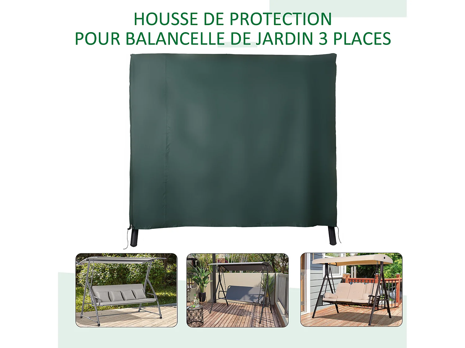 Housse de protection balancelle de jardin 3 places bâche étanche dim. 2,05L x 1,24l x 1,64H m polyester PVC haute densité vert