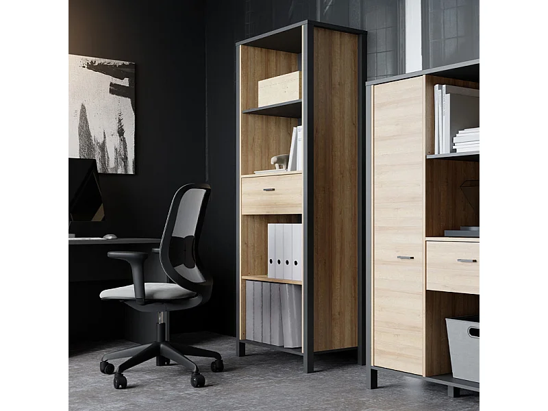 Bibliothèque 194 cm 1 tiroir 4 niches décor bois chêne et noir - MODE