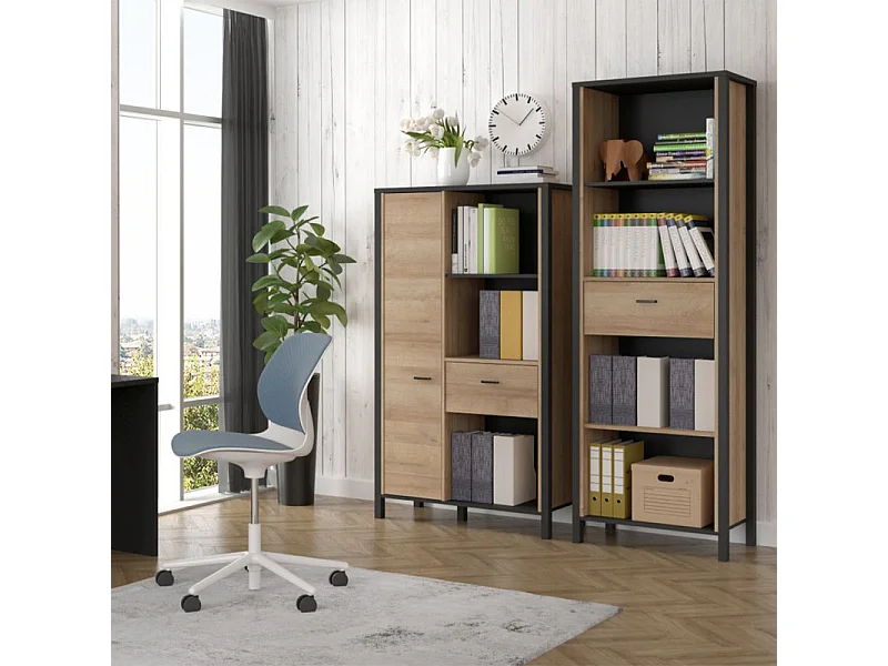 Bibliothèque 152 cm 1 porte 1 tiroir décor bois chêne et noir - MODE