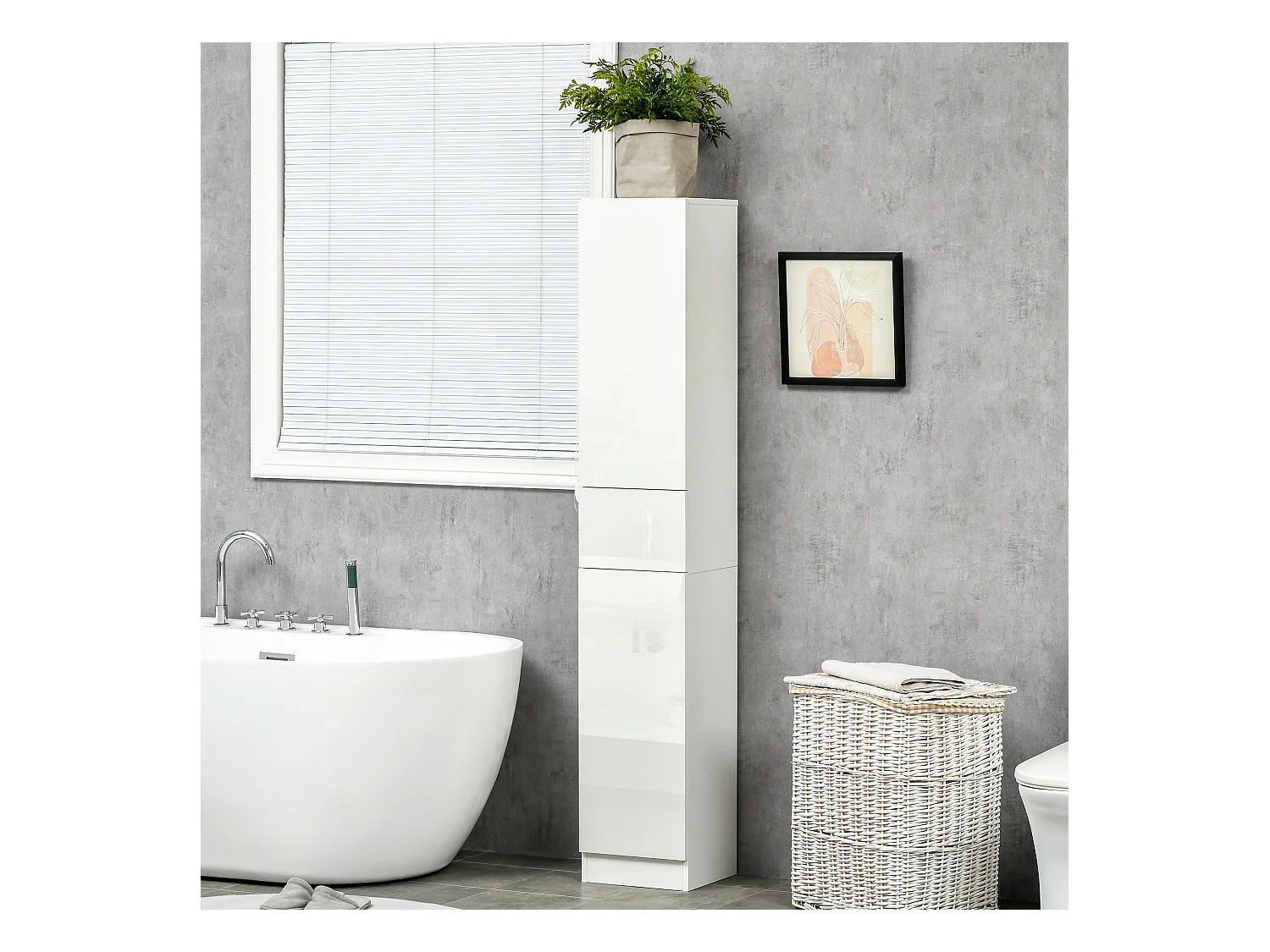 Meuble colonne rangement salle de bain style contemporain façade laquée 2 portes 3 étagères tiroir panneaux MDF blanc