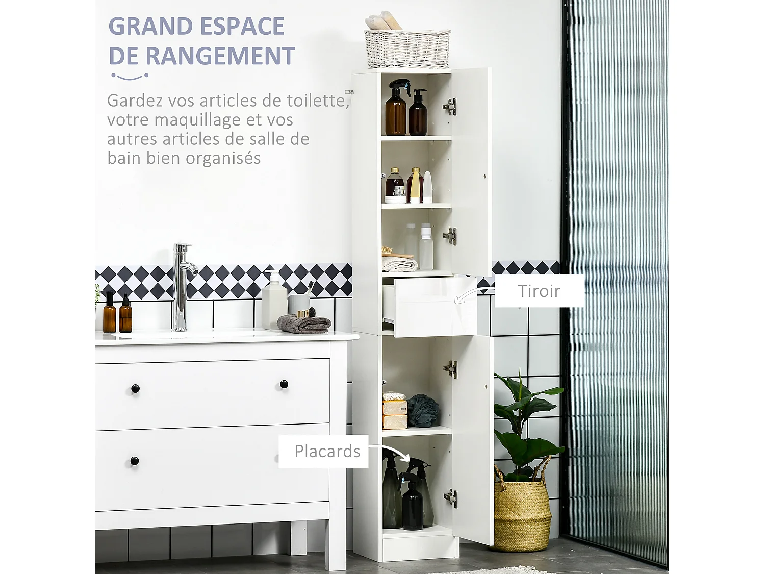 Meuble colonne rangement salle de bain style contemporain façade laquée 2 portes 3 étagères tiroir panneaux MDF blanc