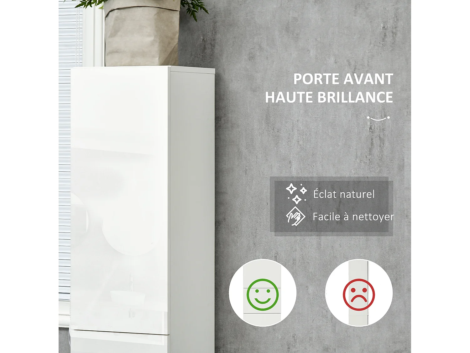 Meuble colonne rangement salle de bain style contemporain façade laquée 2 portes 3 étagères tiroir panneaux MDF blanc