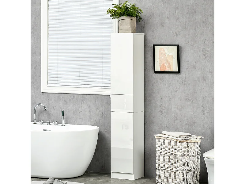Meuble colonne rangement salle de bain style contemporain façade laquée 2 portes 3 étagères tiroir panneaux MDF blanc