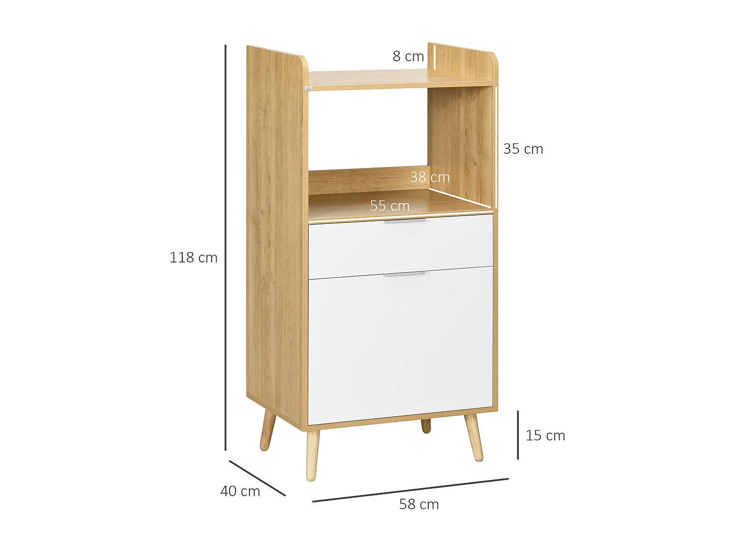 Meuble desserte de cuisine micro-onde style scandinave - porte, 2 étagères, tiroir, niche - blanc aspect chêne clair