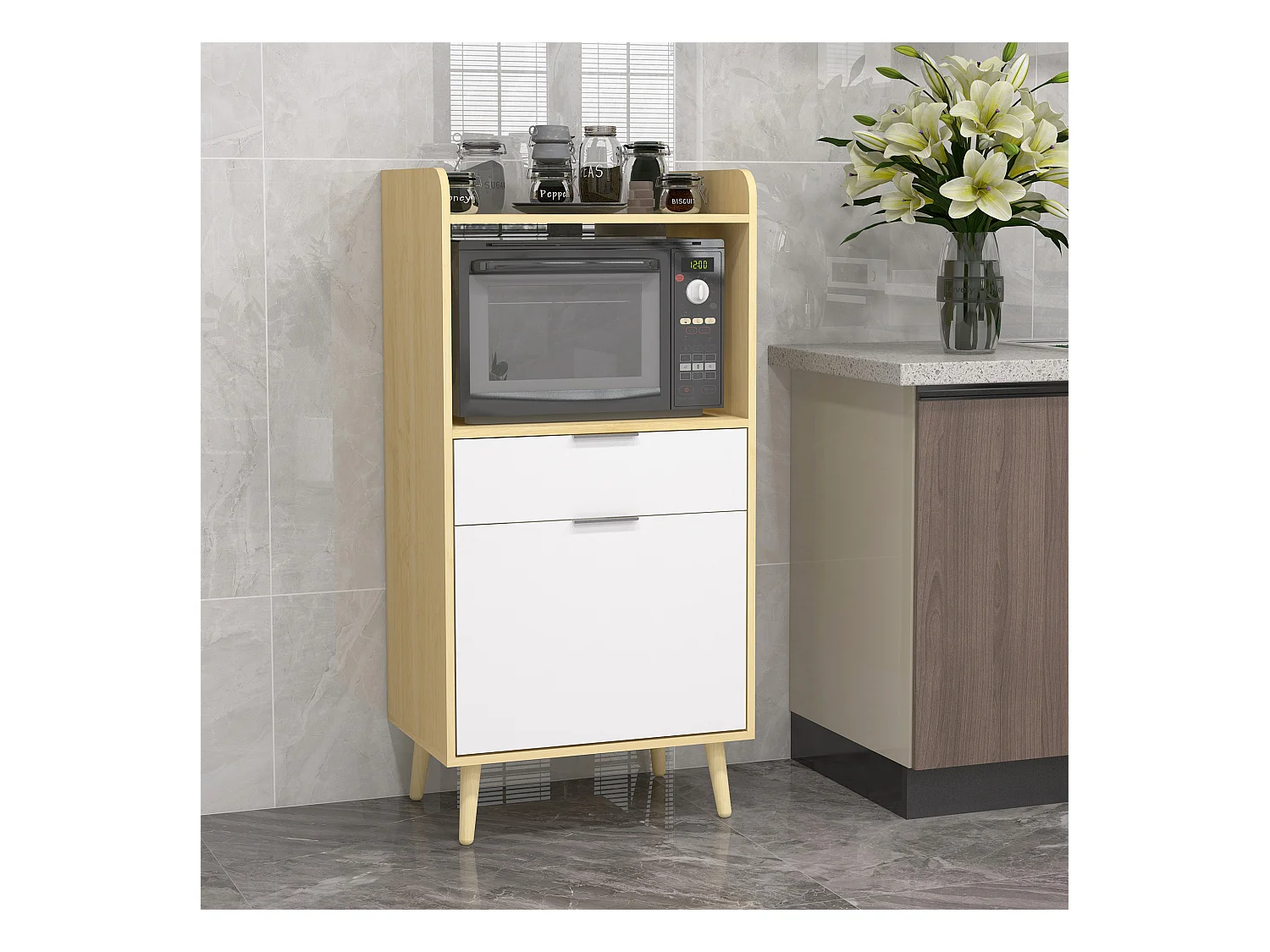 Meuble desserte de cuisine micro-onde style scandinave - porte, 2 étagères, tiroir, niche - blanc aspect chêne clair