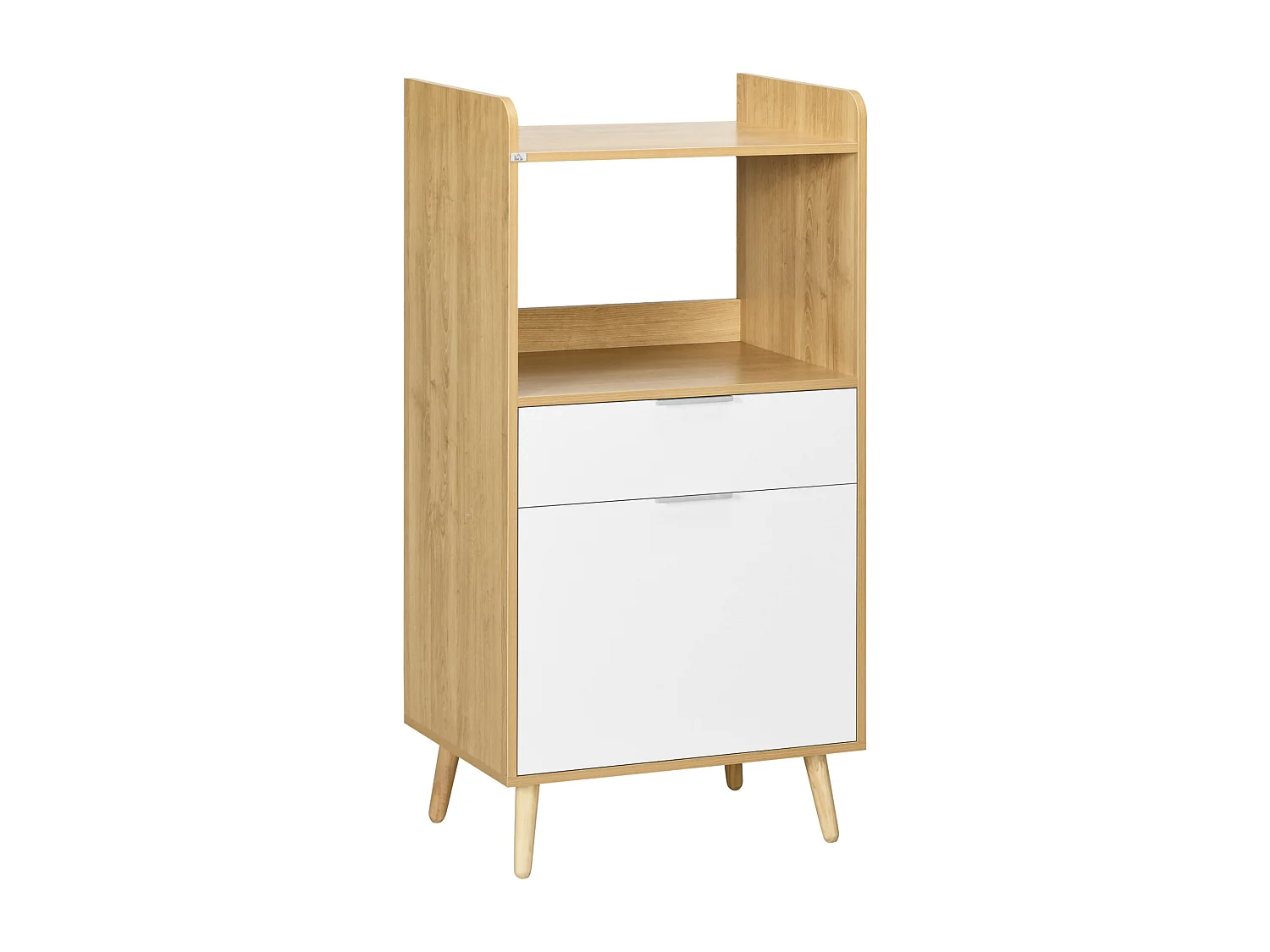 Meuble desserte de cuisine micro-onde style scandinave - porte, 2 étagères, tiroir, niche - blanc aspect chêne clair