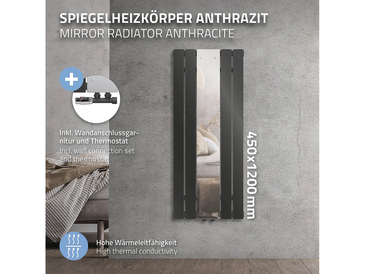 Radiateur anthracite salle de bain 450x1200 mm miroir raccord central mural