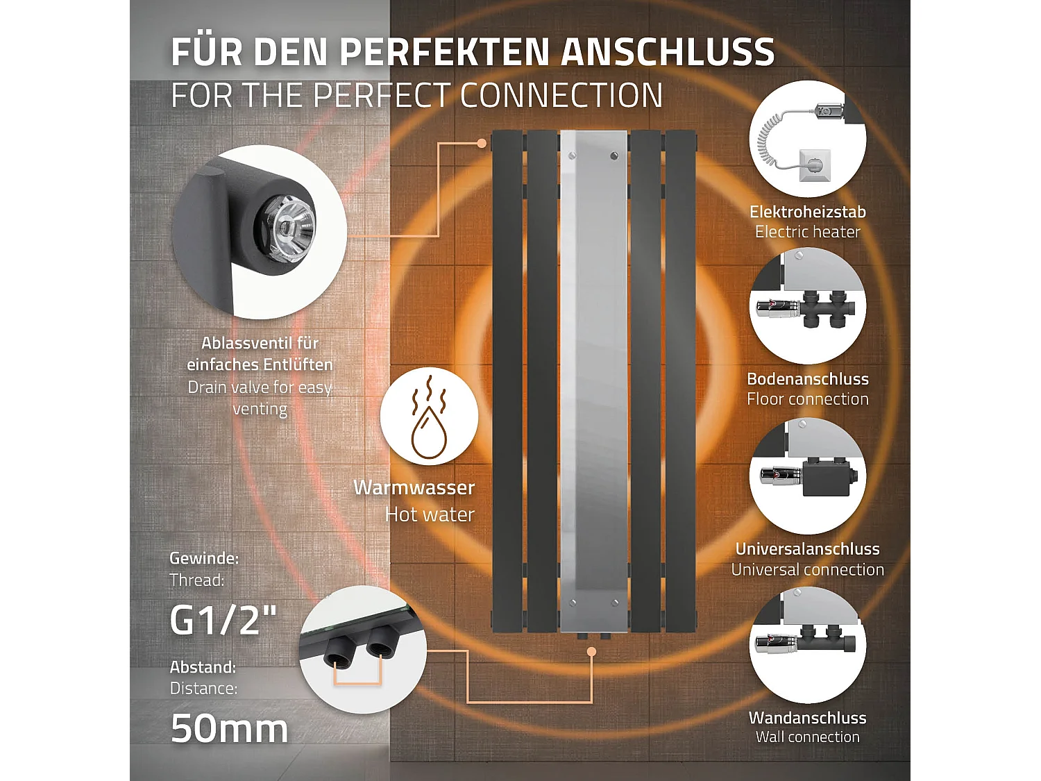 Radiateur anthracite avec miroir porte-serviettes connexion centrale 450x1200 mm