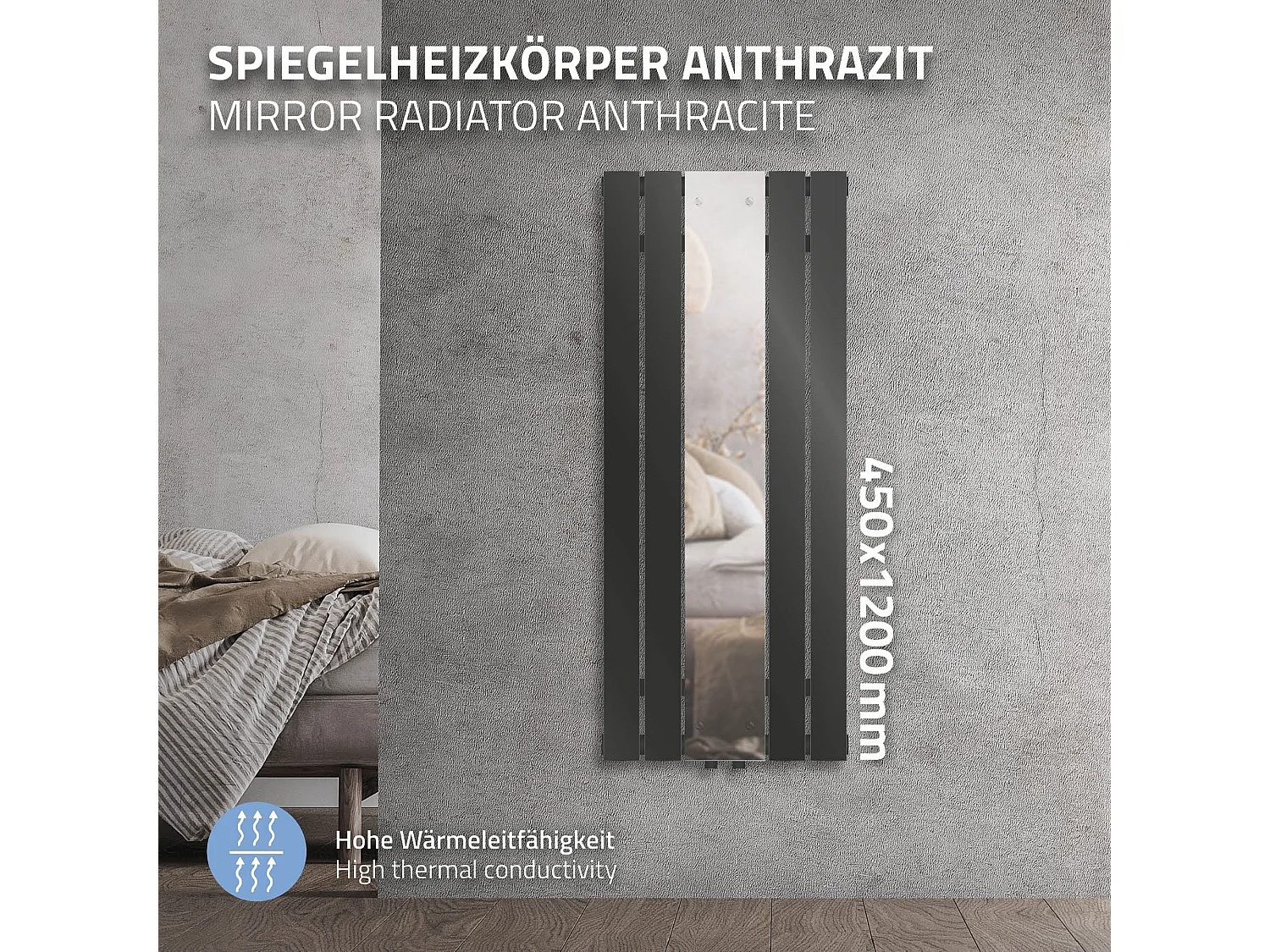Radiateur anthracite avec miroir porte-serviettes connexion centrale 450x1200 mm