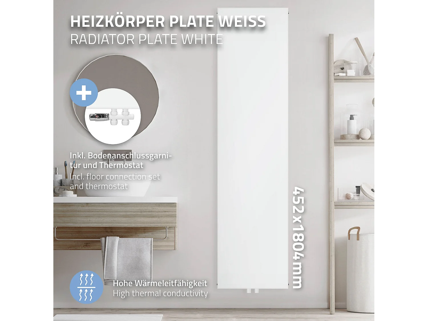 Radiateur plat moderne blanc salle de bain 452x1800 mm raccord central au sol