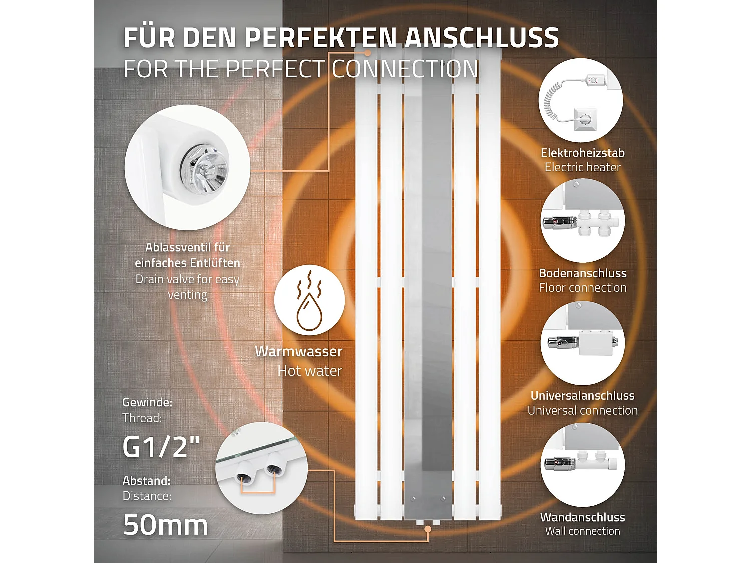 Radiatore a specchio termoarredo scaldasalviette per bagno 450 x 1600 mm bianco