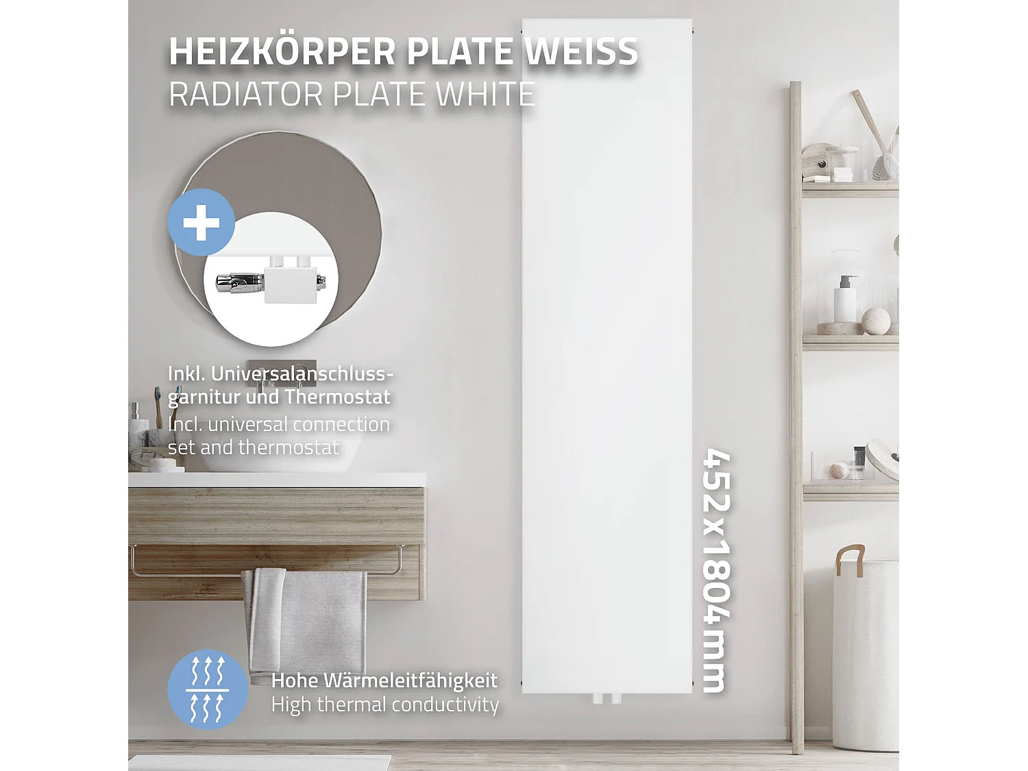 Radiateur moderne blanc salle de bain 452x1800 mm raccord central universel