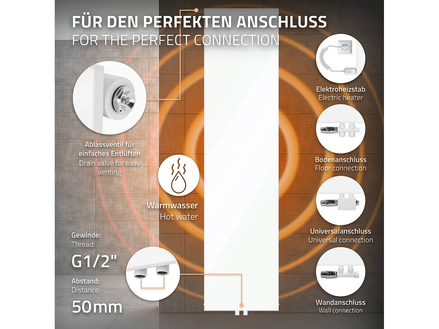 Radiateur moderne blanc salle de bain 452x1800 mm raccord central universel