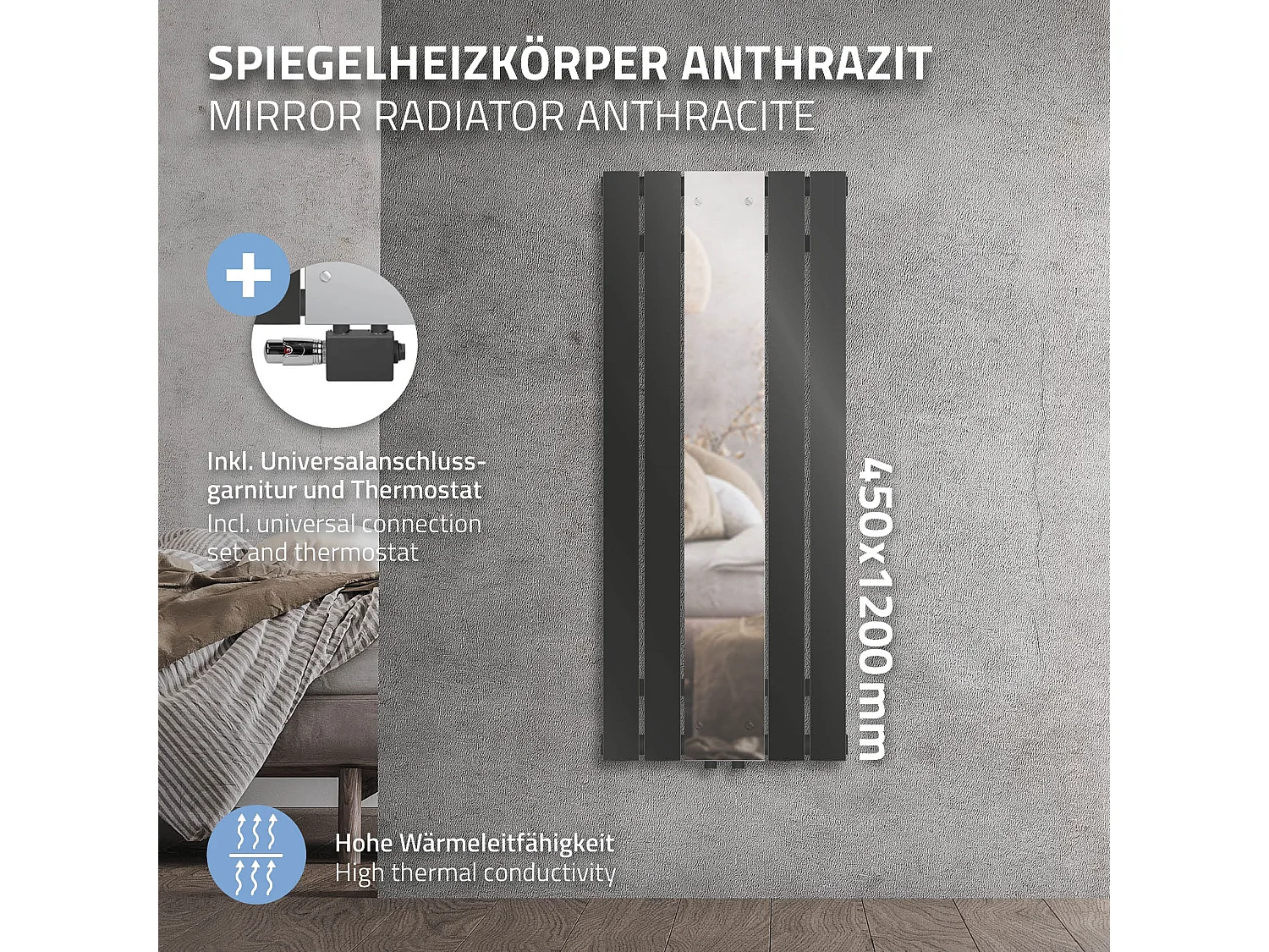 Radiador de baño con espejo antracita toallero conexión universal 450x1200 mm