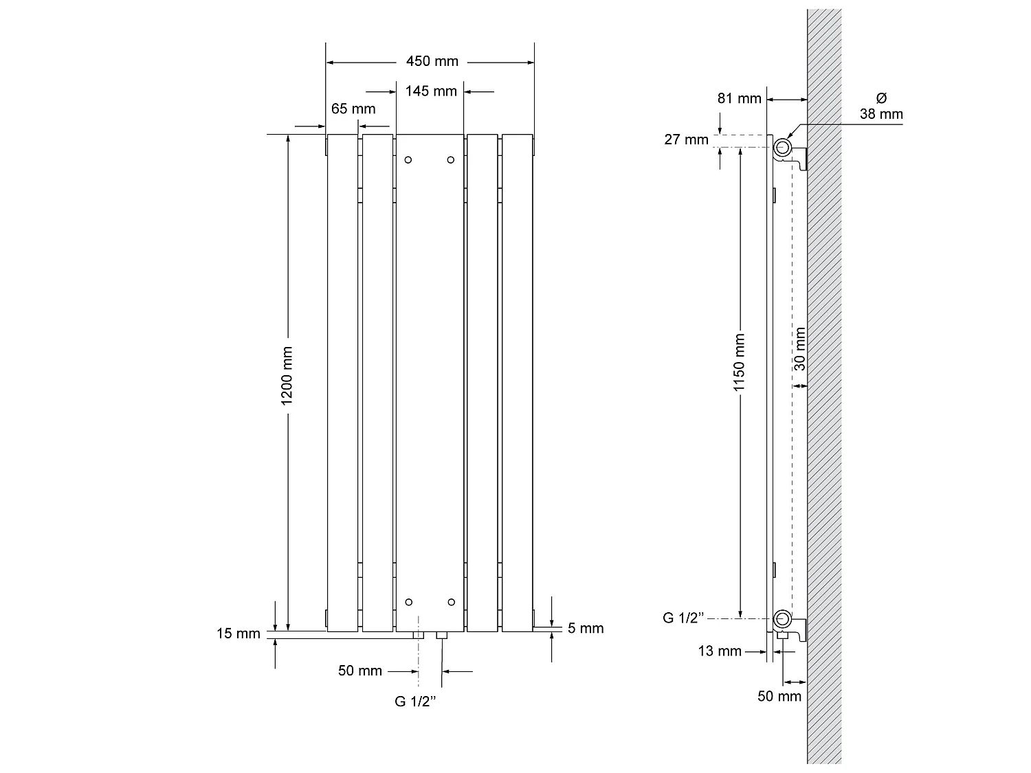 Radiador de baño con espejo antracita toallero conexión universal 450x1200 mm