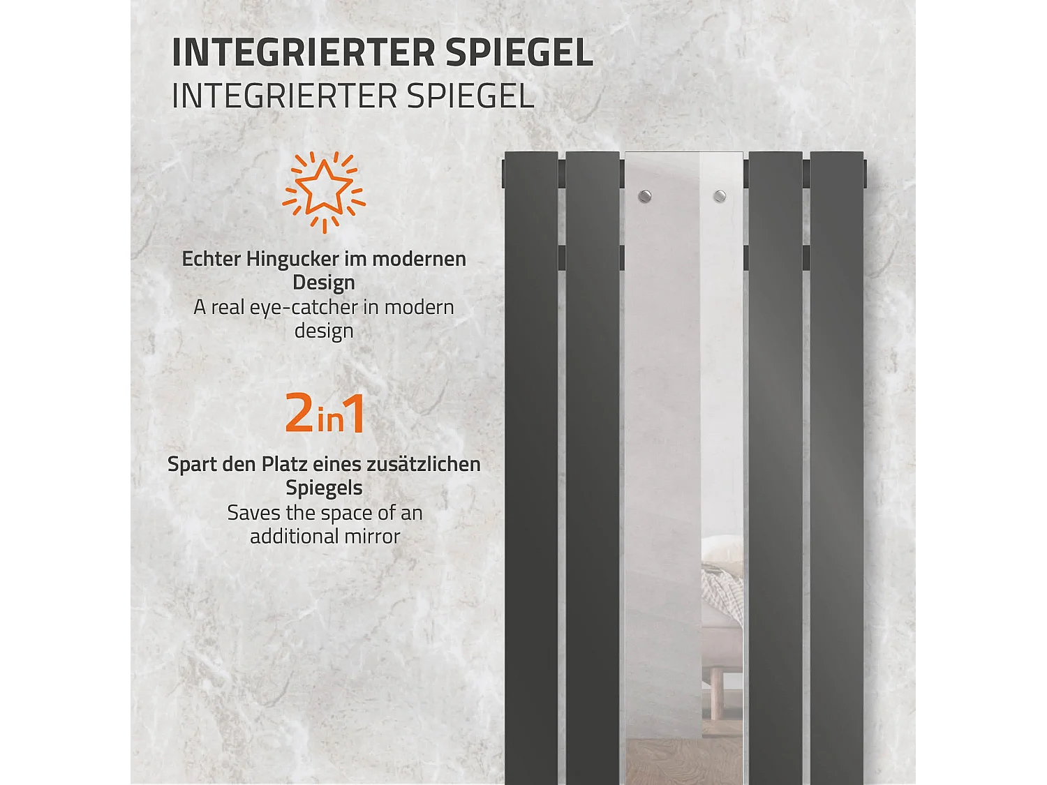 Radiateur anthracite salle de bain 450x1200 mm miroir raccord central universel