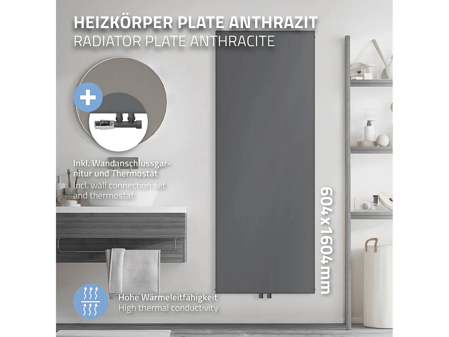 Radiateur salle de bain anthracite 604x1600 mm avec raccord central mural