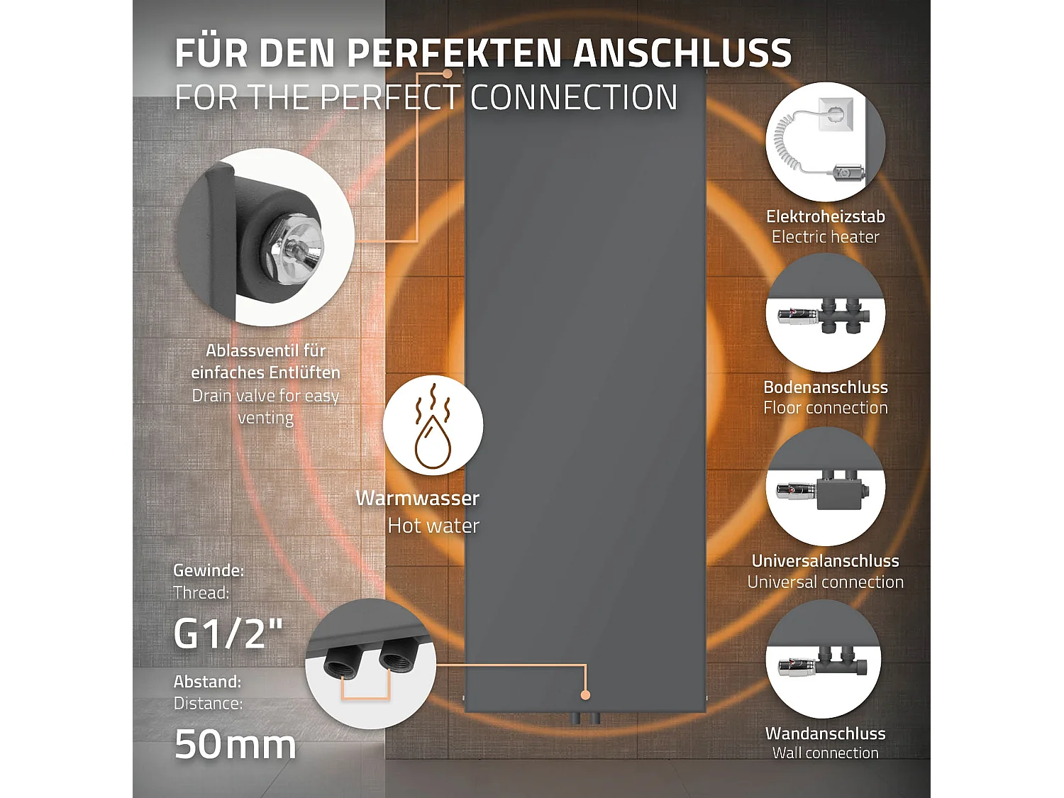 Radiateur salle de bain anthracite 604x1600 mm avec raccord central mural