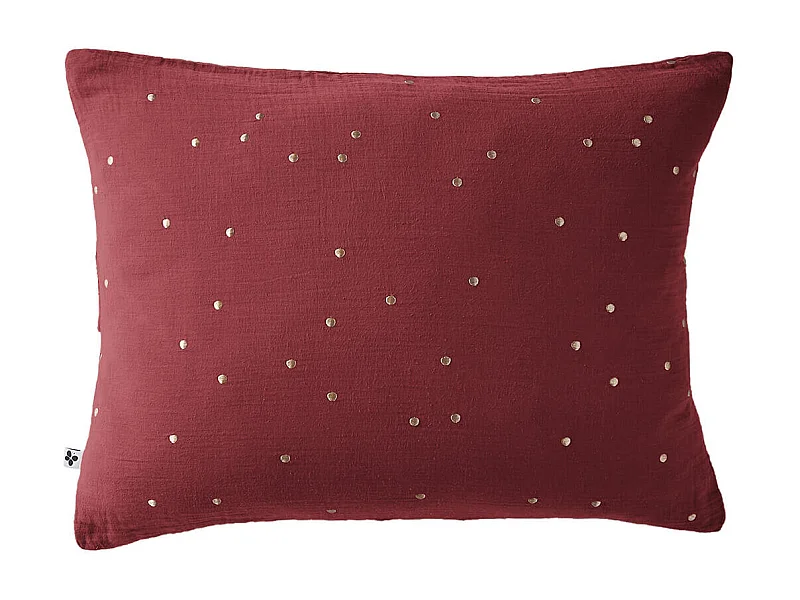 OUREA MOTIF - Taie d'Oreiller 50x70cm Gaze de Coton Lie de Vin à Pois Dorés