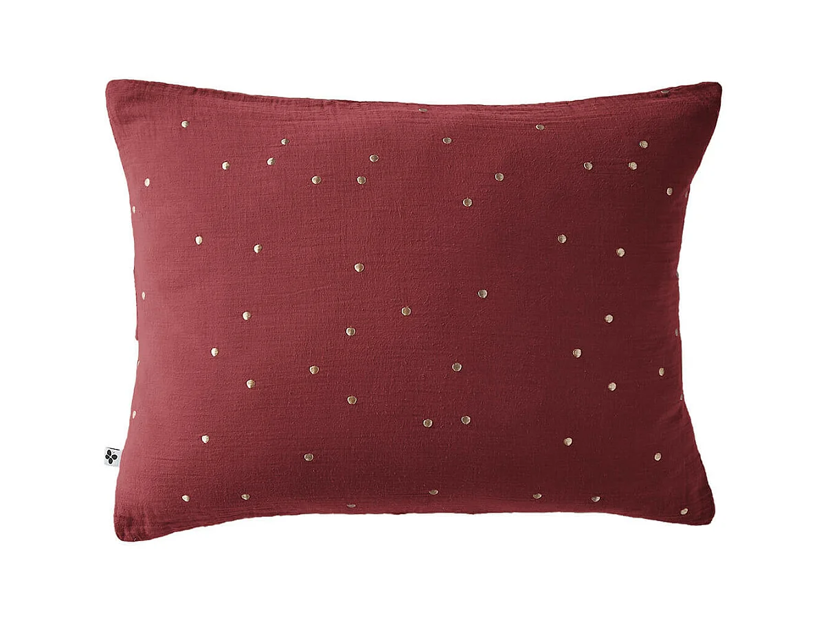 OUREA MOTIF - Taie d'Oreiller 50x70cm Gaze de Coton Lie de Vin à Pois Dorés