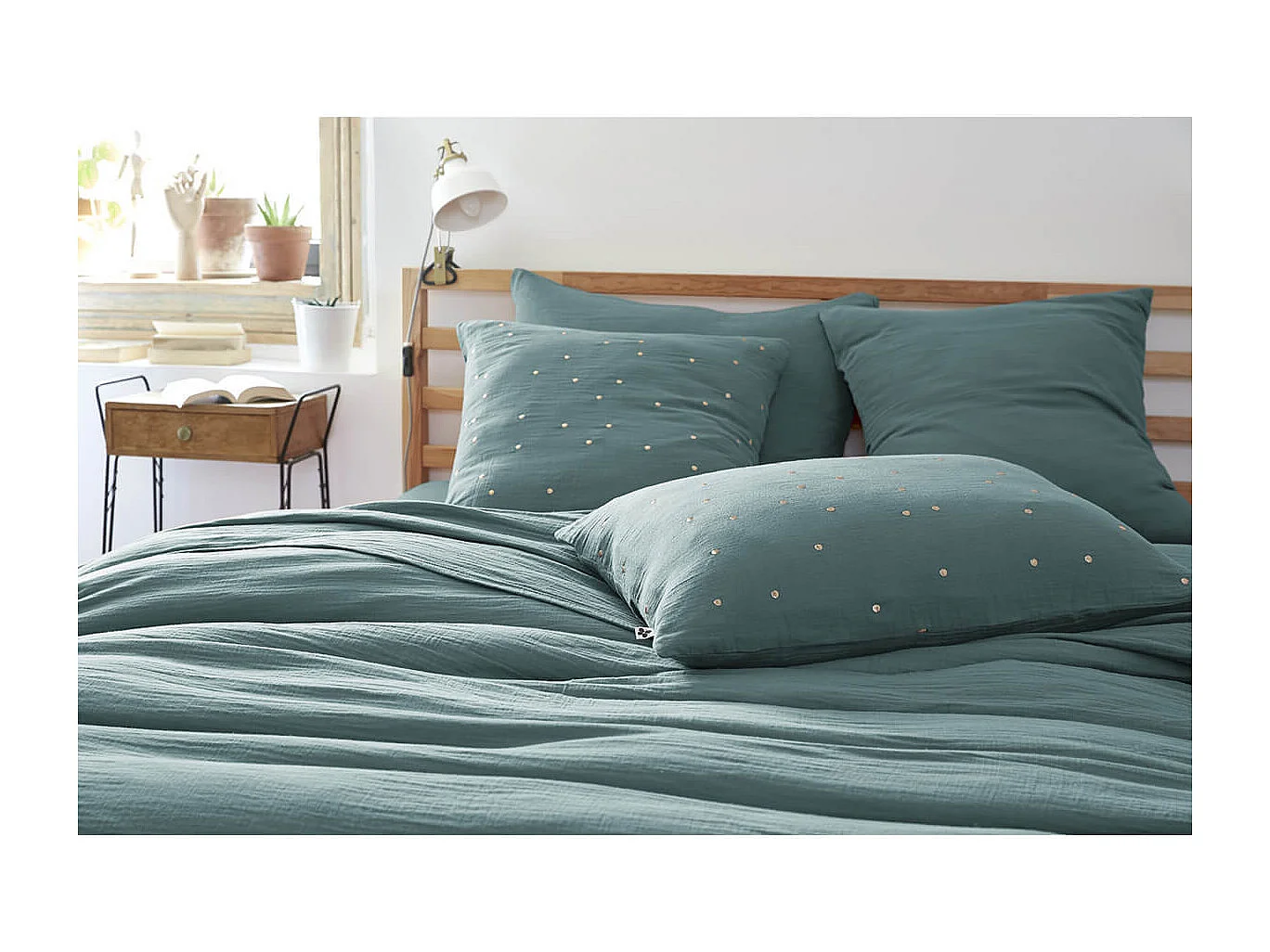 OUREA MOTIF - Taie d'Oreiller 60x60cm Gaze de Coton Canard à Pois Dorés