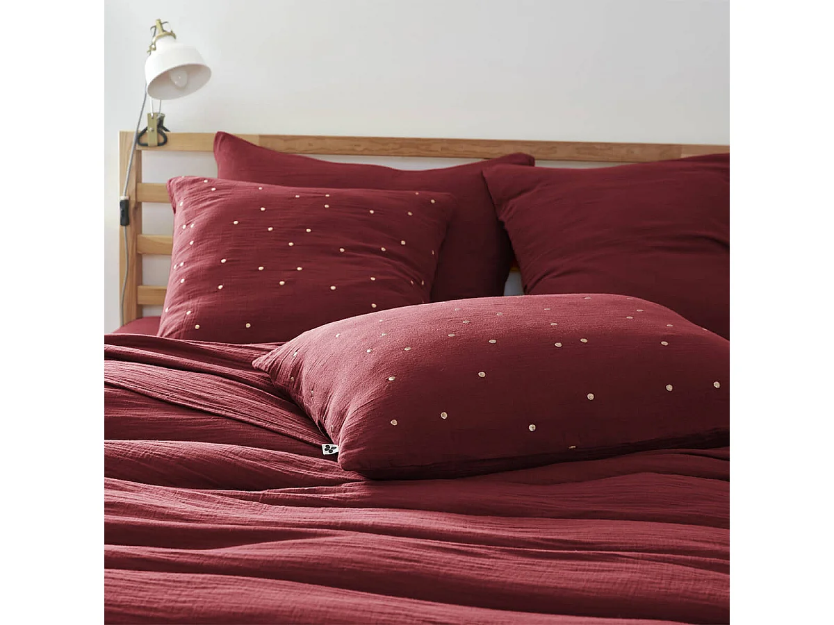 OUREA MOTIF - Taie d'Oreiller 60x60cm Gaze de Coton Lie de Vin à Pois Dorés