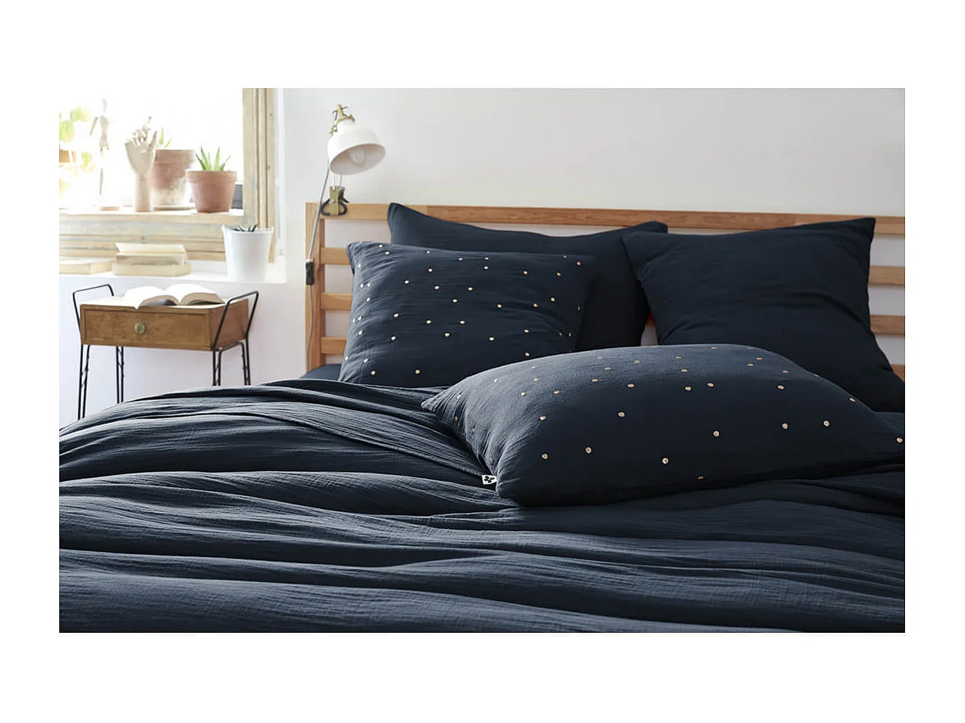 OUREA MOTIF - Taie d'Oreiller 50x70cm Gaze de Coton Minuit à Pois Dorés