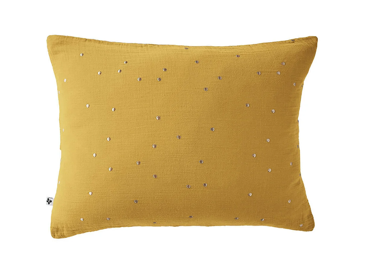 OUREA MOTIF - Taie d'Oreiller 50x70cm Gaze de Coton Safran à Pois Dorés