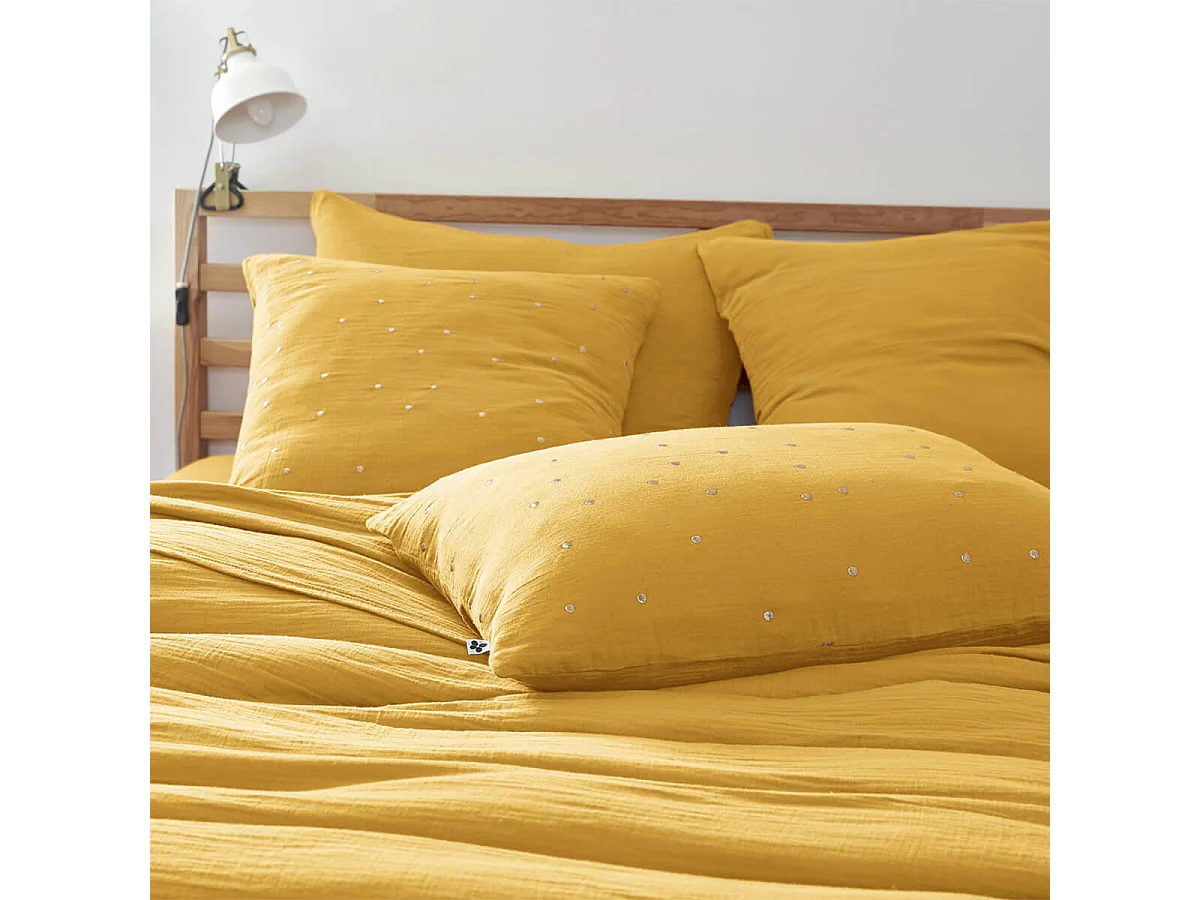 OUREA MOTIF - Taie d'Oreiller 50x70cm Gaze de Coton Safran à Pois Dorés