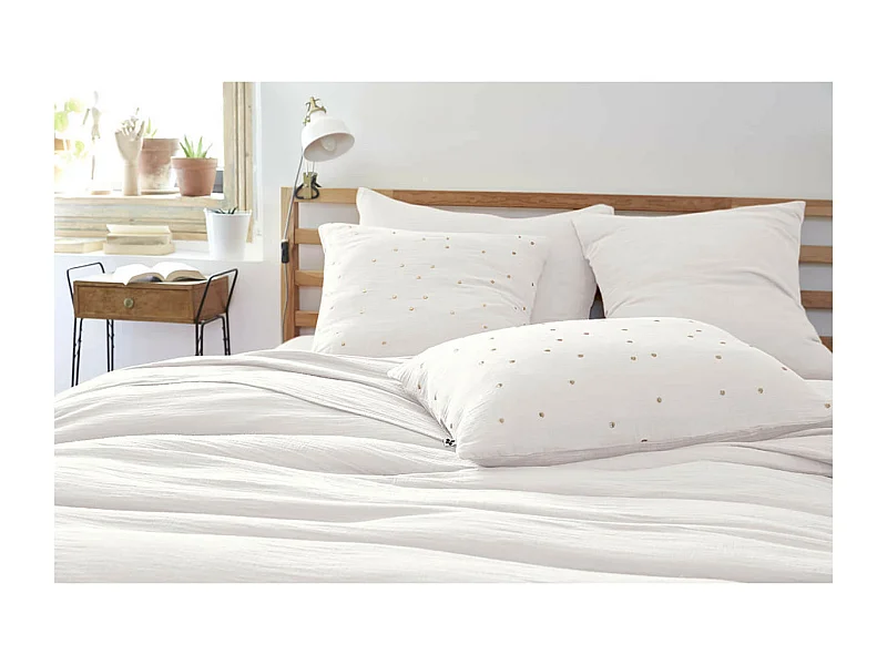 OUREA MOTIF - Taie d'Oreiller 60x60cm Gaze de Coton Chantilly à Pois Dorés