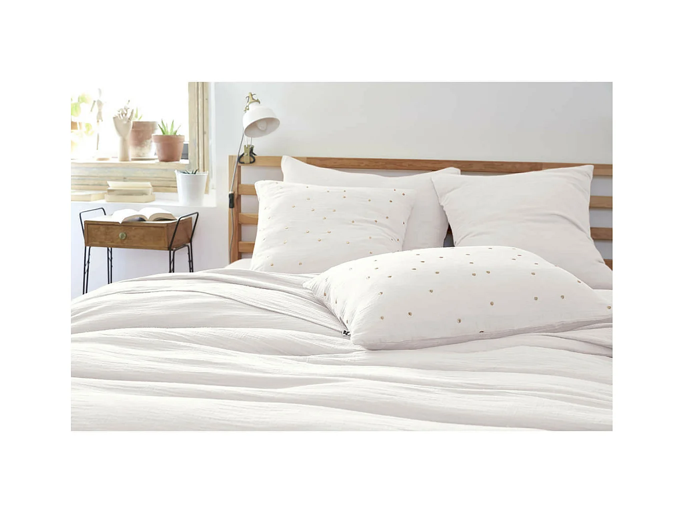 OUREA MOTIF - Taie d'Oreiller 60x60cm Gaze de Coton Chantilly à Pois Dorés