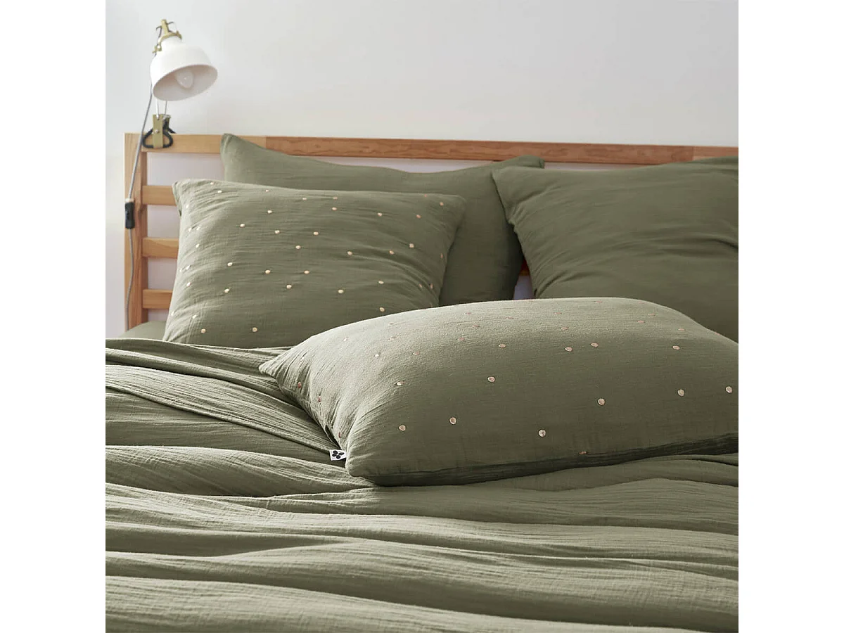 OUREA MOTIF - Taie d'Oreiller 60x60cm Gaze de Coton Romarin à Pois Dorés